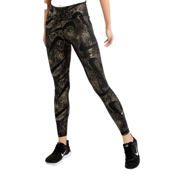 Nike Dri-Fit Womens Mid Rise Stretch Compression Leggings Large in Black Printed - Picture 2 of 9